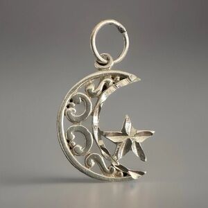 Sterling Silver Crescent Moon & Star Charm Pendant 1”